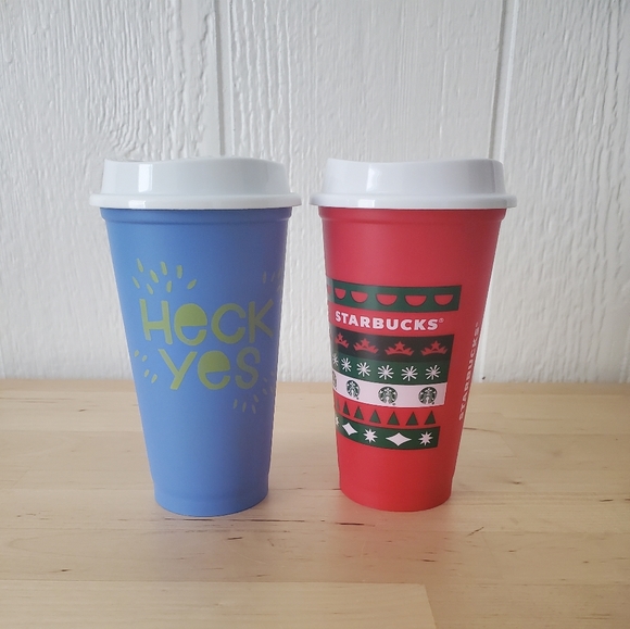 Starbucks Plastic cups W/ lids. Heck yeah/Holiday
